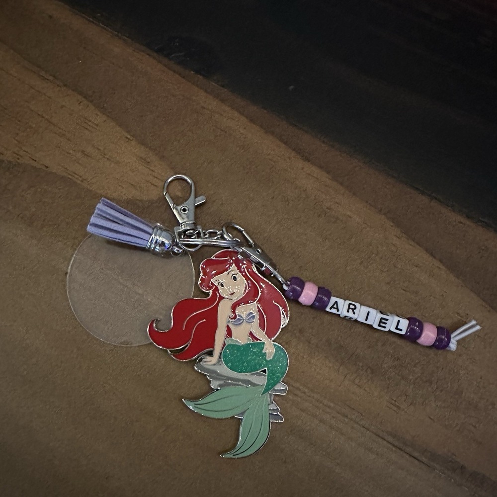 Handmade Ariel Mermaid Keychain Beaded Name Charm Purple Tassel Disney
